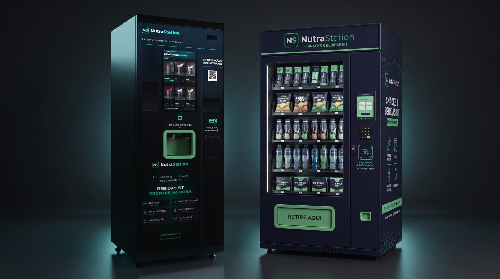 NutraStation Corporate: Estação de bebidas fit e máquina de snacks fit, lado a lado